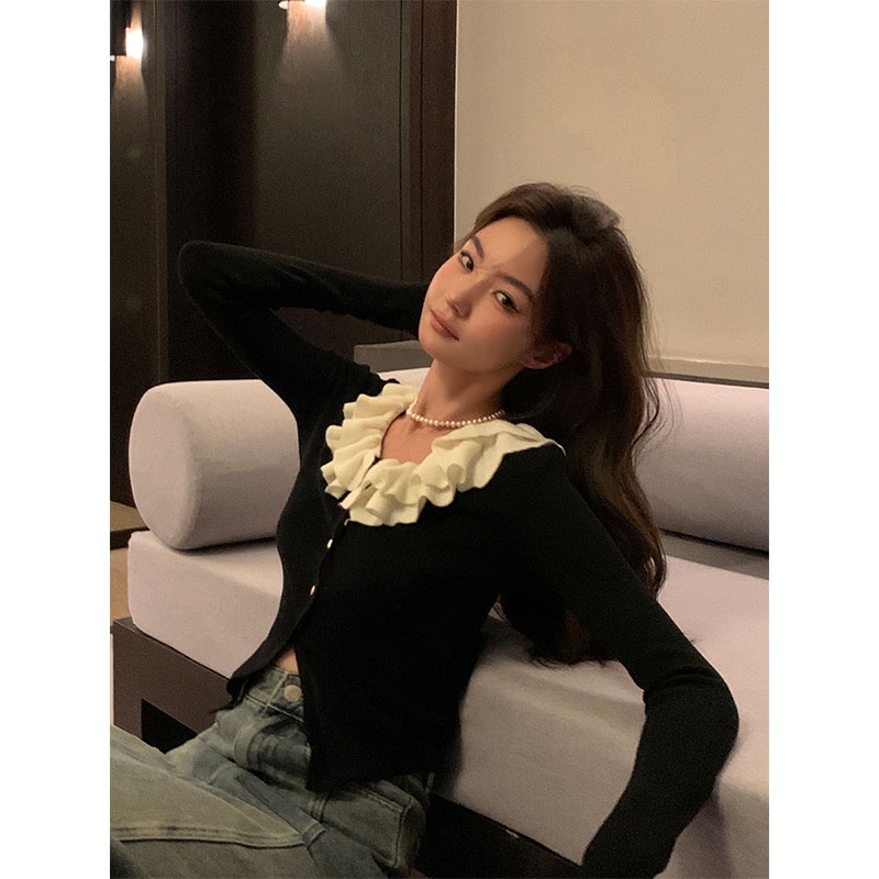 Áo Dệt Kim Tay Dài Cổ Lá Sen Dáng Ôm Phong Cách Hàn Quốc Thời Trang Cho Nữ