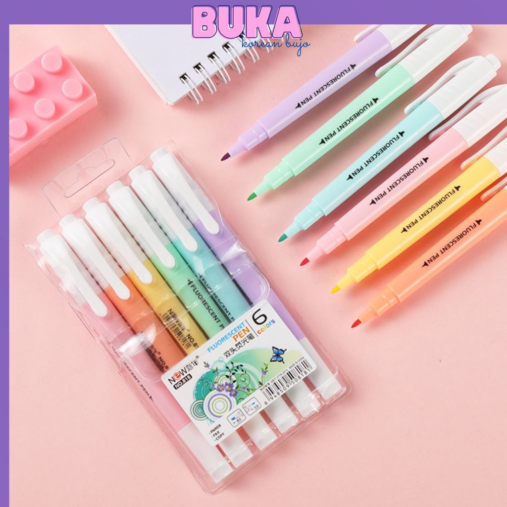 Set 6 bút highlight pastel 2 đầu FLUORESCENT PEN (dupe STABILO) Bukavn