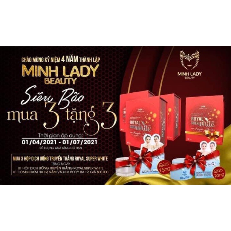 Dịch Uống Truyền Trắng Royal Super White_ [Mua 3 hộp Tặng Thêm 1 Hộp] Tặng Thêm Kem Face Huỷ Nám và Kem Body Trắng Da