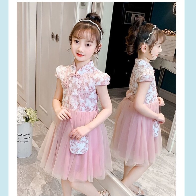 Đầm Sườn Xám Công Chúa Phối Lưới Thời Trang Mùa Hè Cho Bé Gái