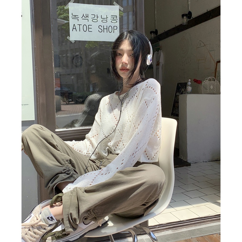 QKOOLE  Áo Croptop Dệt Kim Tay Dài Cổ Tròn Màu Ngọc Lam Phong Cách Hàn Quốc Thời Trang Cho Nữ