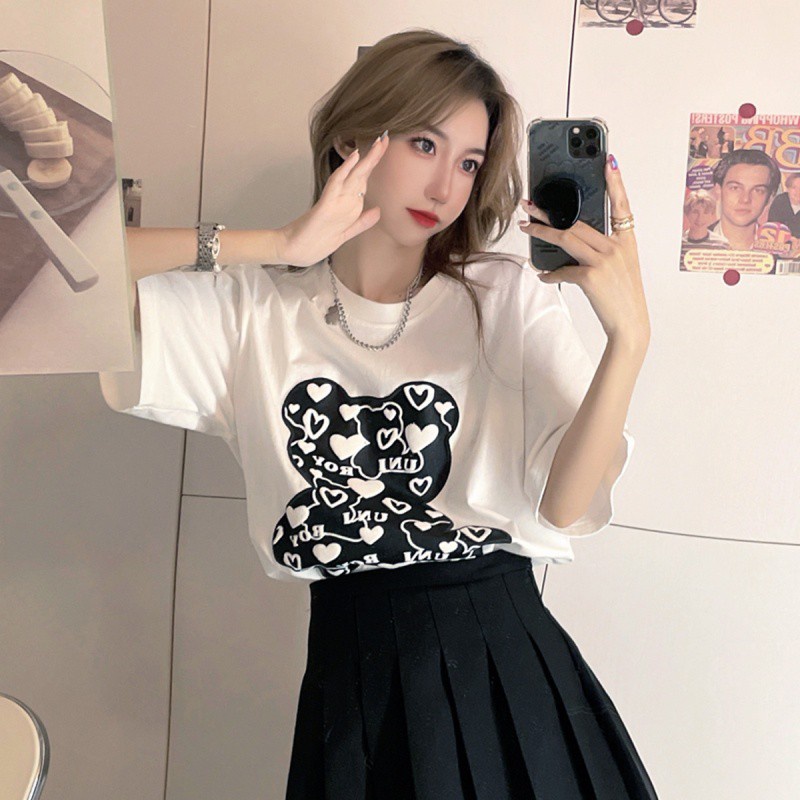 Áo Thun Nữ Tay Ngắn Dáng Rộng In Hình Gấu Dễ Thương