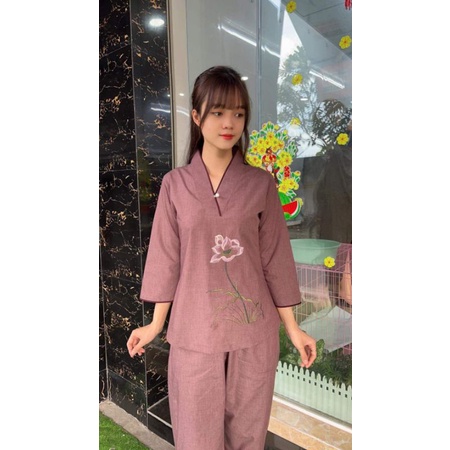 ĐỒ LAM ĐI CHÙA - MẪU NỮ THÊU SEN KATE & TIXI LOẠI 1