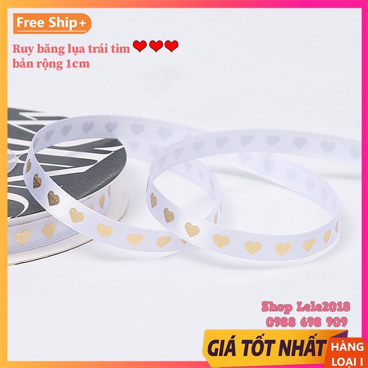 (Lẻ 5m &amp; 3m) Ruy băng lụa 1cm in hình trái tim ❤️❤️❤️❤️❤️ bản rộng 1cm