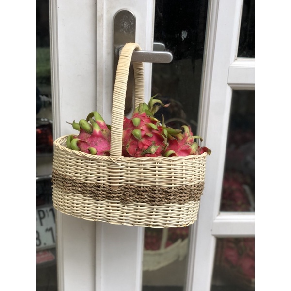 Giỏ mây oval trắng lớn viền nâu