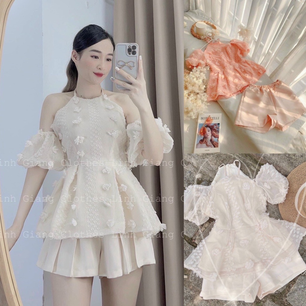 Sét Đồ Bộ Nữ Chất Xô Bông Hột Phối For Áo Cổ Yếm Tay Phồng Trễ Vai ( Có Mút Ngực ) & Quần Short Thiết Kế Sang Chảnh
