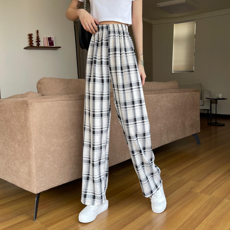 IELGY Plaid casual pants women 2021 spring and summer new style Korean elastic high waist loose wild wide leg pants trousers