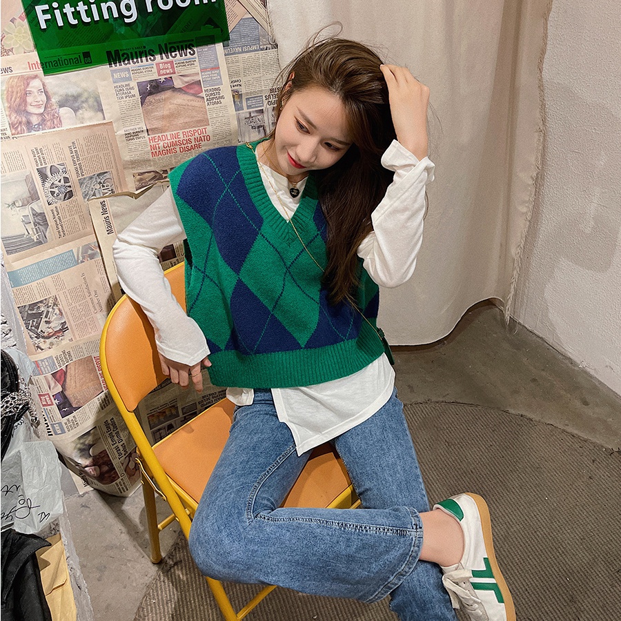 Áo dệt kim không tay dáng rộng phong cách retro Hàn Quốc thời trang