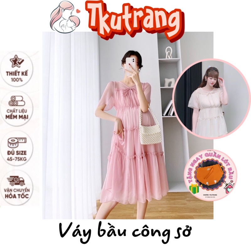 Đầm bầu dáng xòe bồng bềnh,váy bầu chất liệu voan lót lụa cao cấp thoáng mát, nhẹ tênh Tkutrang