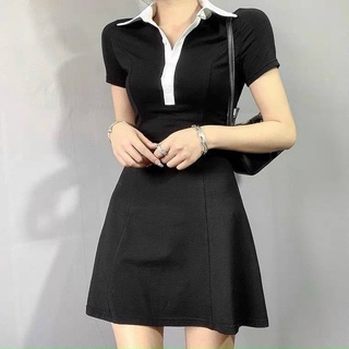 Đầm polo nữ đen viền cổ trắng from chữ a dáng ôm siêu xinh