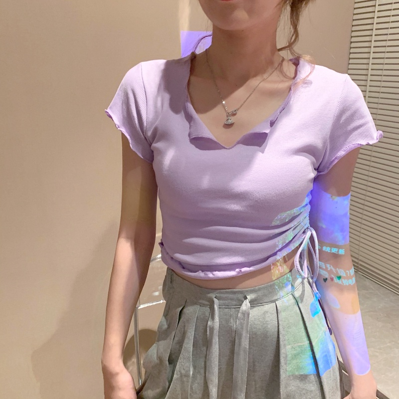 Áo thun ZHELIHANGFEI ngắn tay cổ cao phối dây rút thời trang mùa xuân 2022 cho nữ