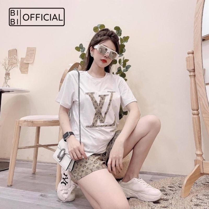 Set Bộ Thun Nữ BIBIOFFICIAL Quần Short In 3D Chữ Màu Be Phối Áo Thun Tay Ngắn Fort\m Thêu LV 4 Size (45-65)