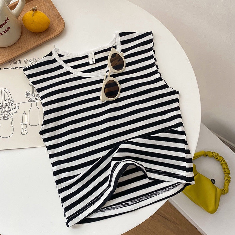 Set Áo Thun Sọc Ngang + Quần Yếm Phong Cách Hàn Quốc Cho Bé Gái