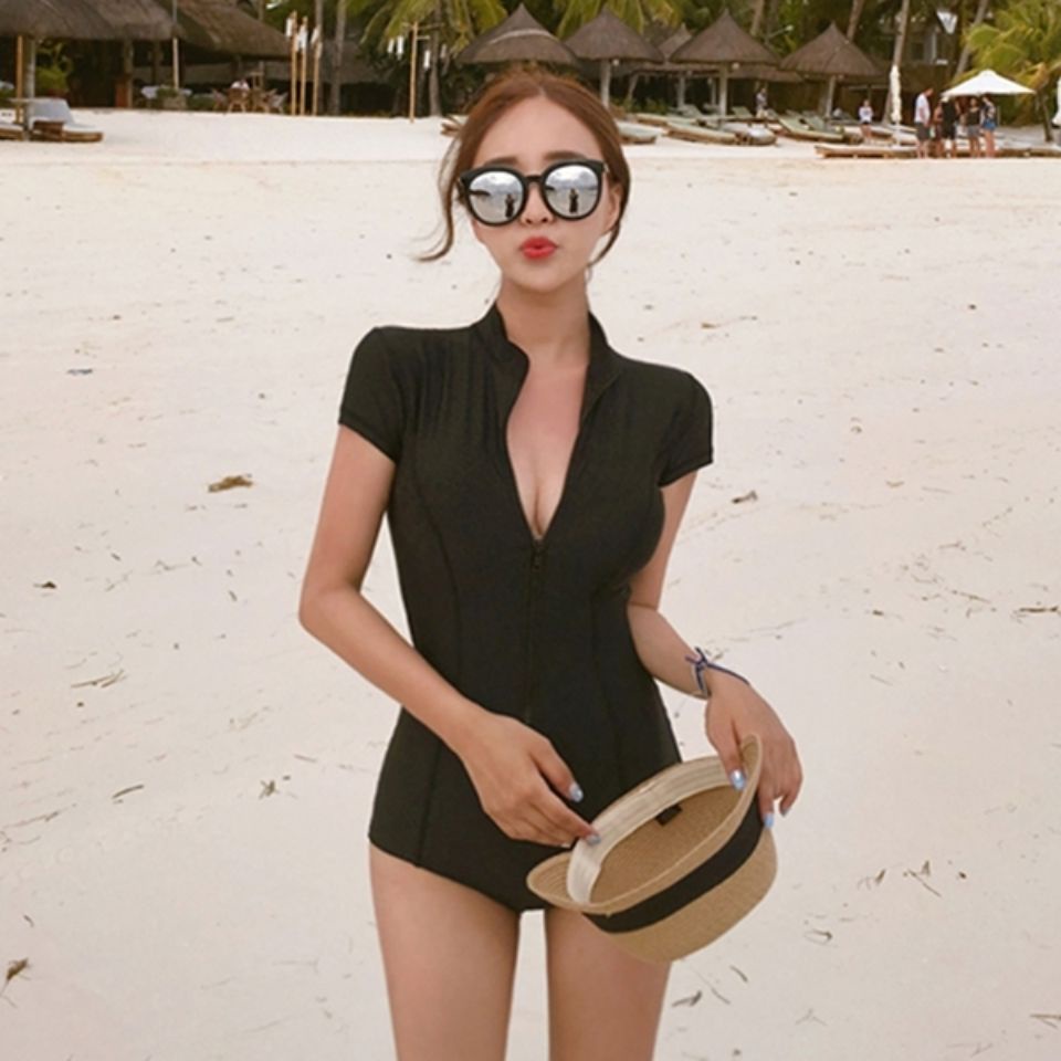 Bikini # Tay Áo Có Dây Kéo # Đen # Mỏng # Che Bụng # Sexy # Mềm Mại # Bãi Biển # Ngày Lễ # Bộ Đồ Bơi Thời Trang Mùa Xuân Cho Nữ