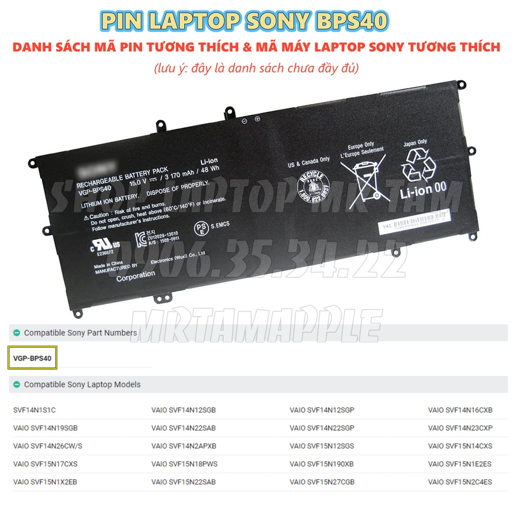 Pin Laptop SONY BPS40 (ZIN) - 4 CELL - Vaio VGP-BPS40 VGP-BPL40 SVF14N SVF15N FIT 14N 15N