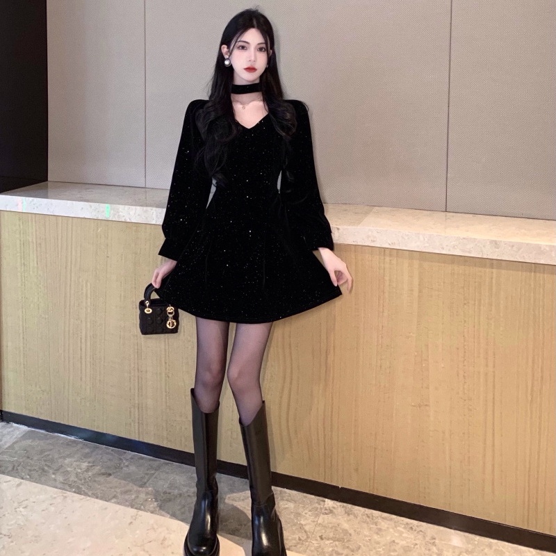 IELGY Đầm Nhung Chữ A Tay Dài Lưng Cao Lấp Lánh Thời Trang Giáng Sinh Cho Nữ