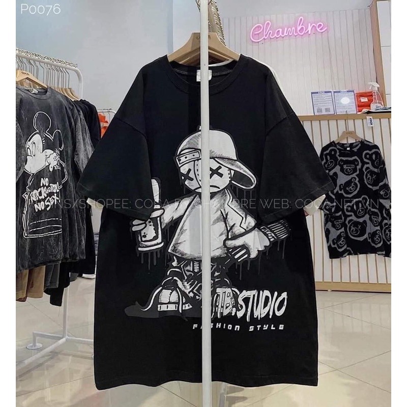 Áo Thun Chữ Hàn Form Rộng Tay Lỡ 2 màu đen trắng, Áo Phông unisex Nam Nữ ngầu xinh