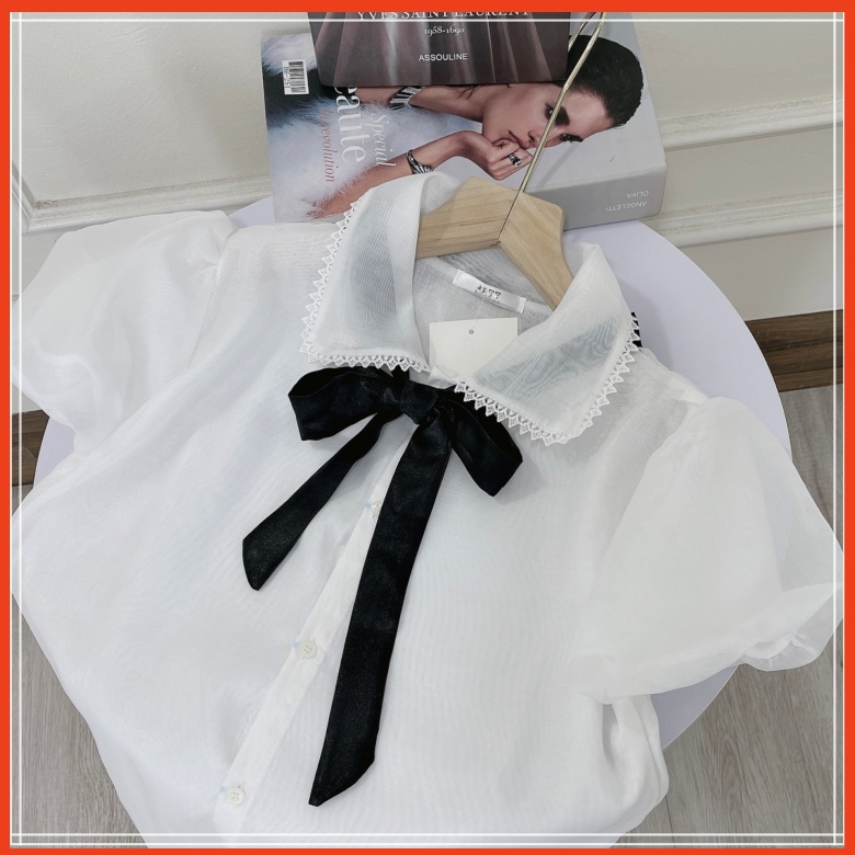 Áo babydoll voan cổ bèo viền ren thắt nơ dáng xòe, Áo váy babydoll voan giấu quần tay bồng shopxinh888888
