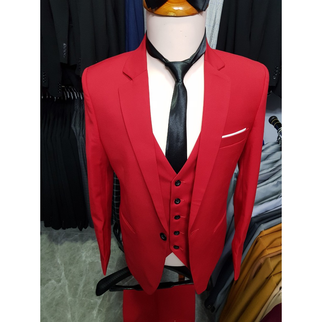 Combo Bộ vest nam ôm body màu đỏ tươi (áo vest+quần+áo gile+cà vạt+nơ)