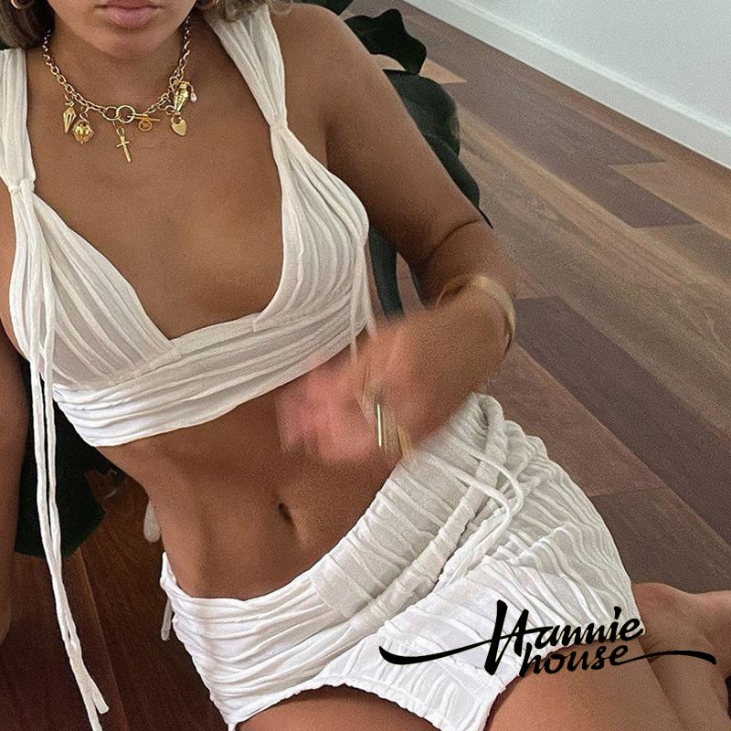 Hannie-Women 2Pcs Summer Deep V Neck Pleated Tank Tops + Split Mini Skirt Set