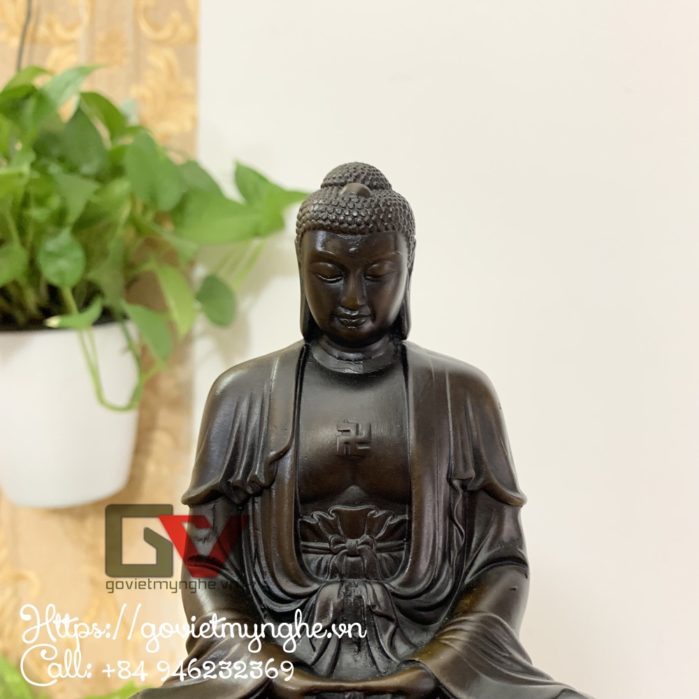 Tượng phật A Di Đà ngồi thiền trên tòa sen có chân đế - Chiều cao 20cm - Màu nâu đen - Đá Composite