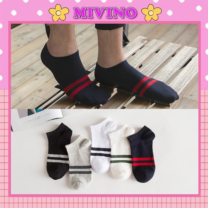 Set 5 đôi tất nam cổ ngắn Mivino vớ nam hàn quốc dáng lười kẻ sọc thời trang TN06