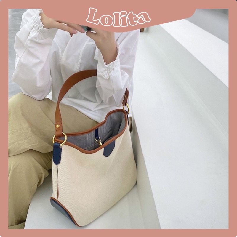 Túi Tote Vải Canvas 2 Dây Phối Màu Vintage LOLITA