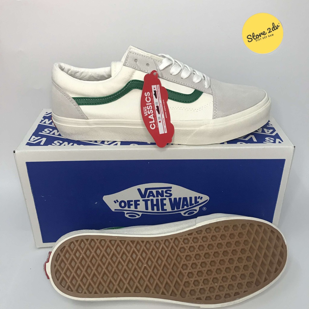 [Tặng Kèm Hộp + Vớ Xinh]Giày Sneaker Nam Vans Old Skool Trắng Viền Xanh Lá Da Lộn Giày Vans Style 36