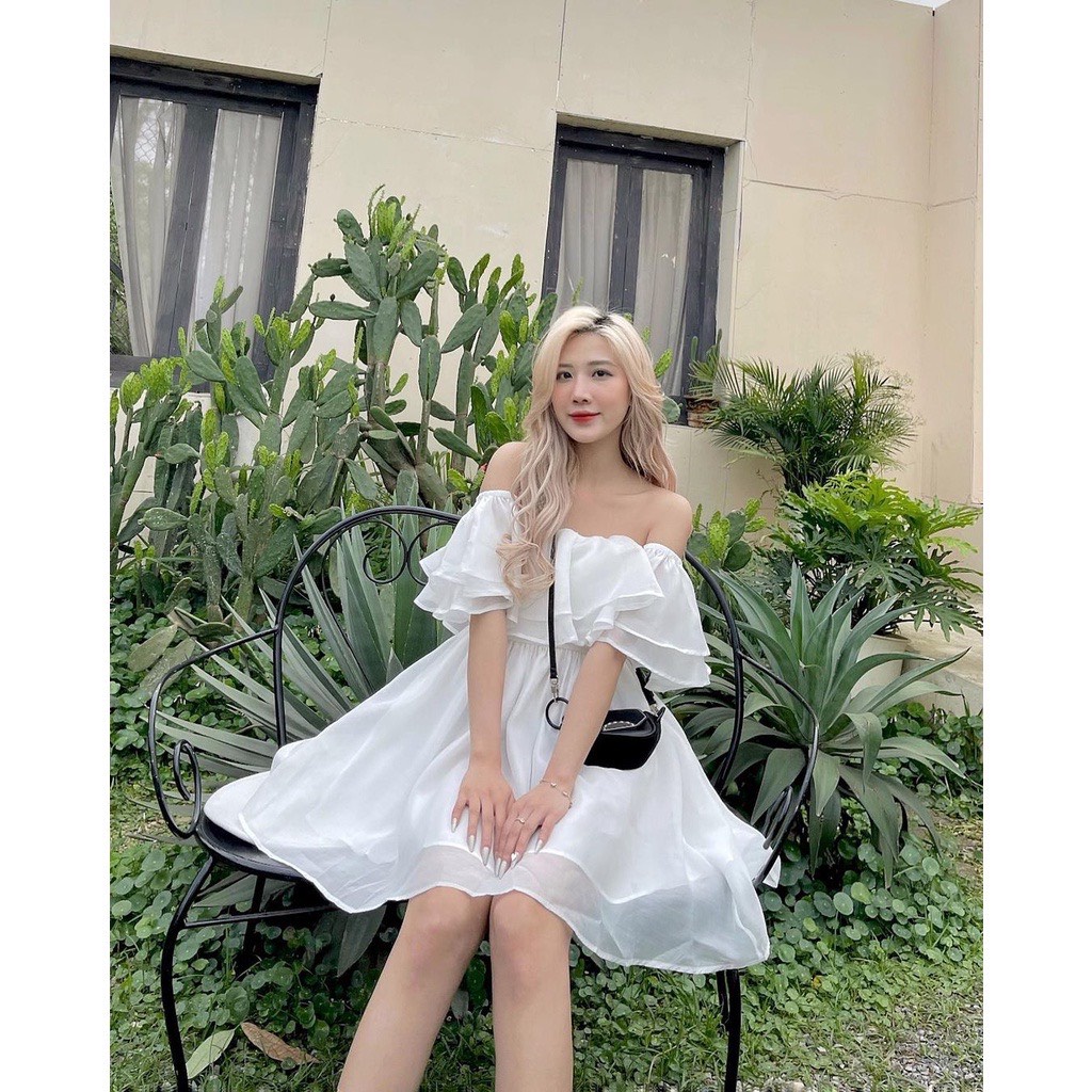 Váy trắng trễ vai bèo tầng V49M- Đầm babydoll công chúa xòe bồng bềnh chất voan 2 lớp phong cách ulzzang hàn quốc