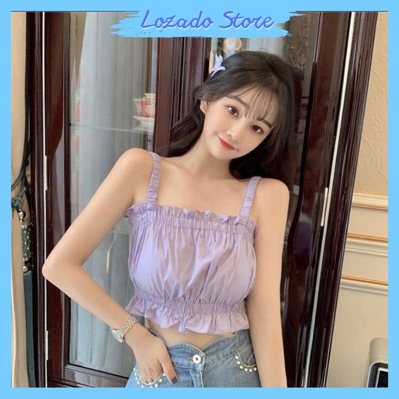 Áo hai dây nữ LOZADO áo 2 dây dáng croptop chun bèo nhún kiểu dáng xinh xắn bánh bèo thời trang A2