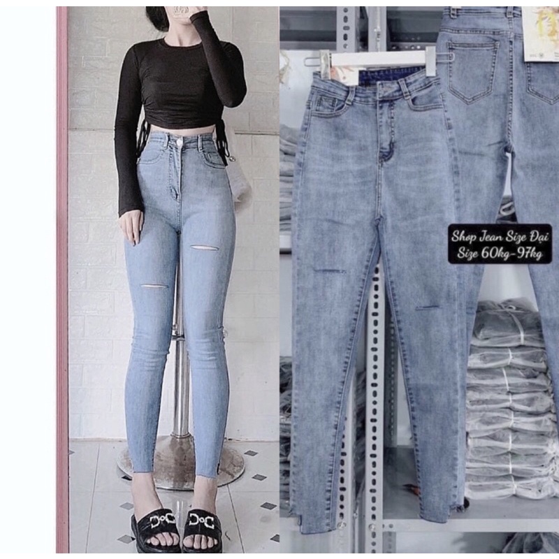 Quần Jean Nữ Skinny Xanh Nhạt Rách Chéo - Vuông Lai Lưng Cao Co Giãn