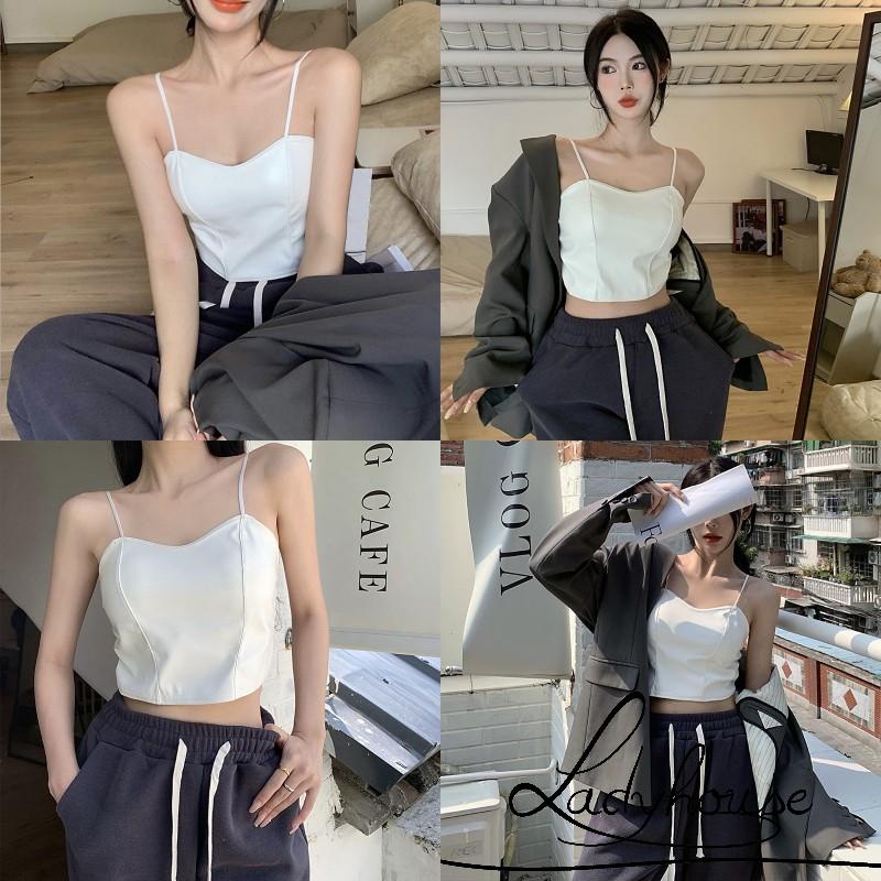 Áo hai dây màu trơn chất liệu da không gọng có mút đệm ngực thiết kế hở lưng thời trang quyến rũ cho nữ