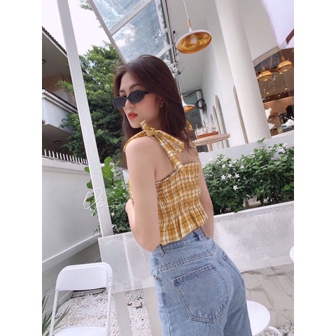 ÁO nữ CROPTOP CARO 2 DÂY NƠ (mút ngực) | áo nữ kiểu caro thắt nơ | steven.factory