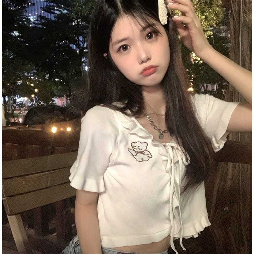 Áo croptop dệt kim thiết kế tay ngắn gợi cảm