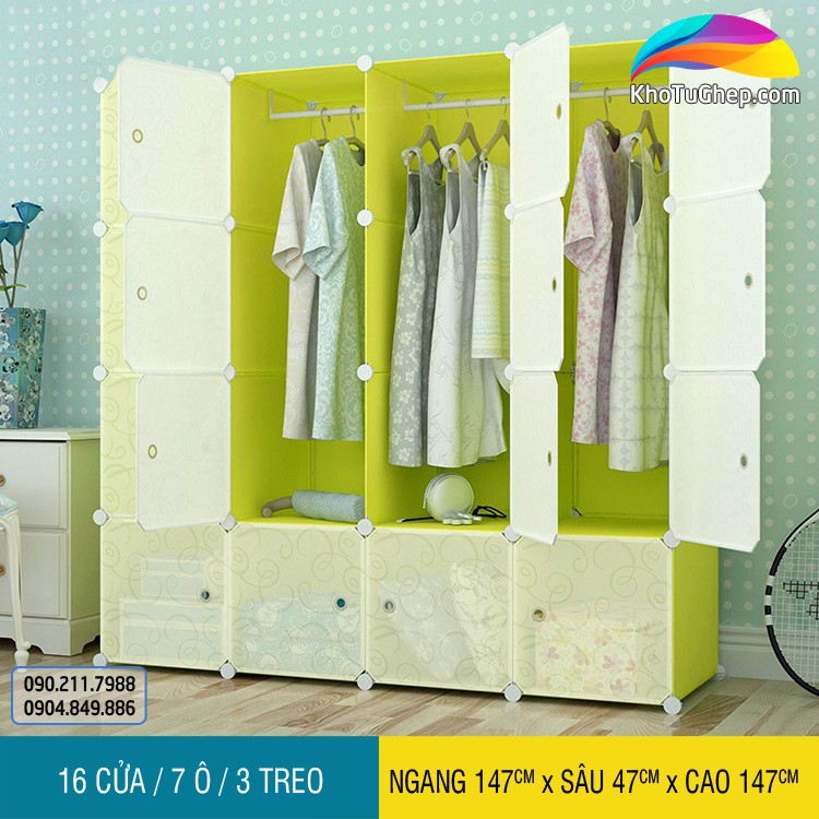 XẢ KHO- TỦ NHỰA QUẦN ÁO LẮP GHÉP 16 ô  SIZE SÂU 37x47x37cm/1 Ô. Tặng Kèm Móc Treo, búa gỗ chuyên dụng