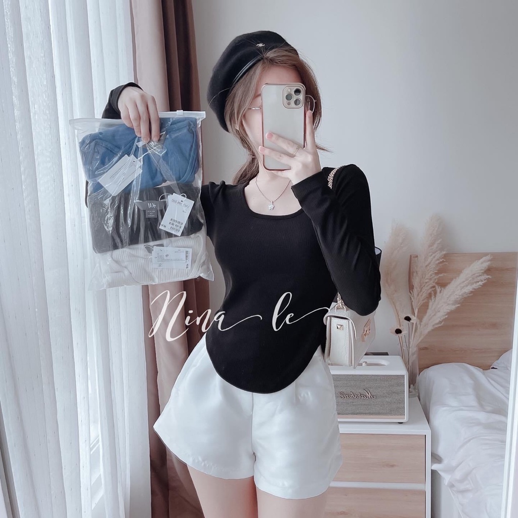 Áo cổ vuông chất thun tăm co dãn dài tay vạt bầu ba màu xinh vanmiushop