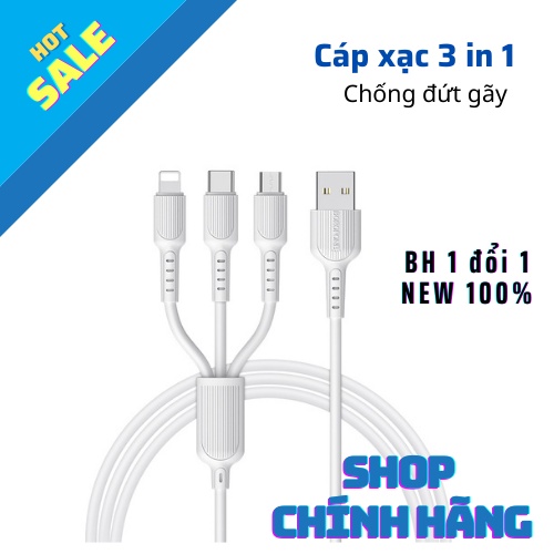 Dây Cáp Sạc 3 đầu(3 in 1)CHÍNH HÃNG - Cổng Lightning, Cổng Micro, Cổng Type C 1m- FULL BOX