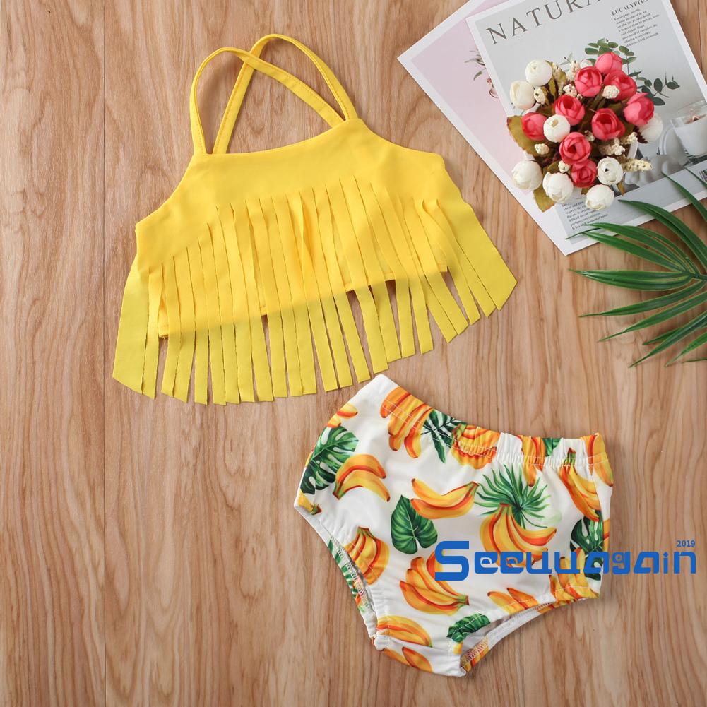 Bộ đồ bơi bikini dây tua rua in hình quả chuối thời trang cho bé gái