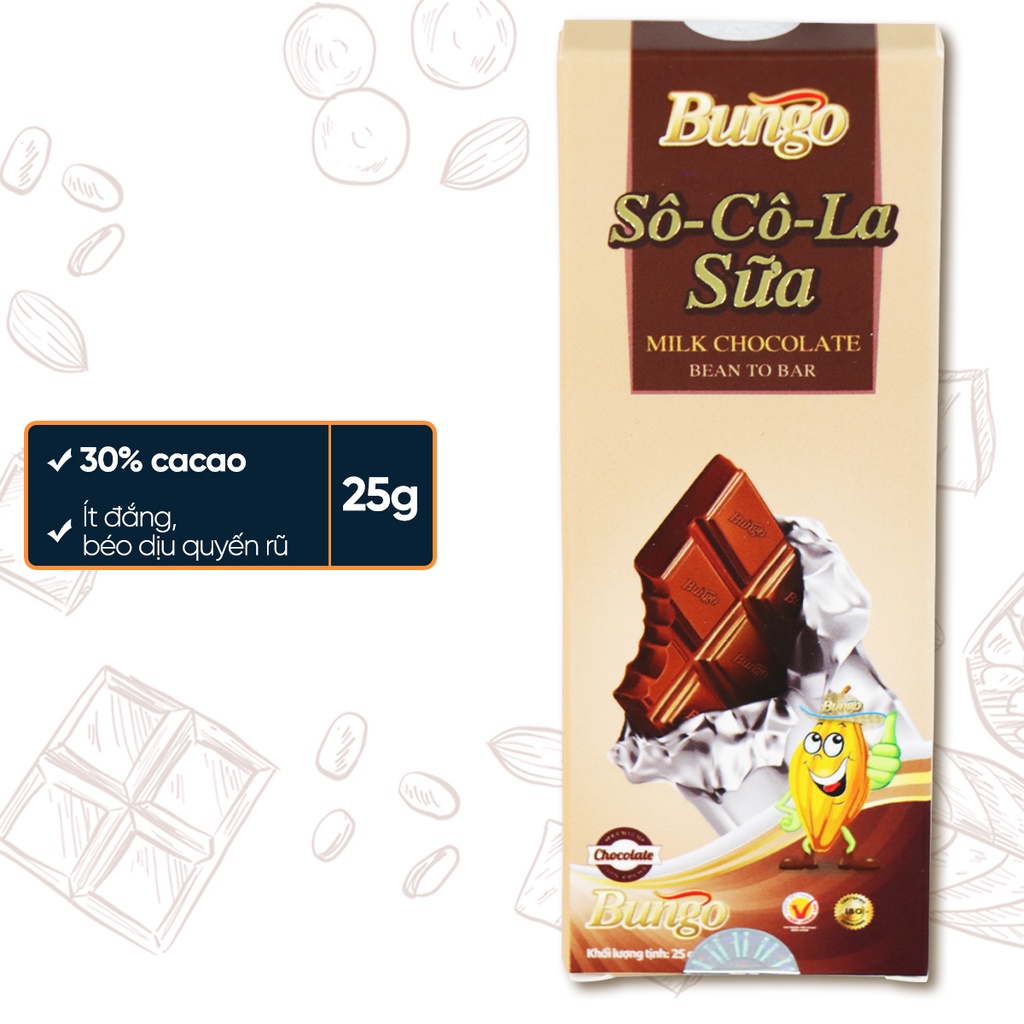 Socola Nguyên Chất Sữa Bungo, Thanh 25g - Thuần Bơ Cacao Tự Nhiên - Từ Hạt Cacao Trinitario Lên Men Thủ Công