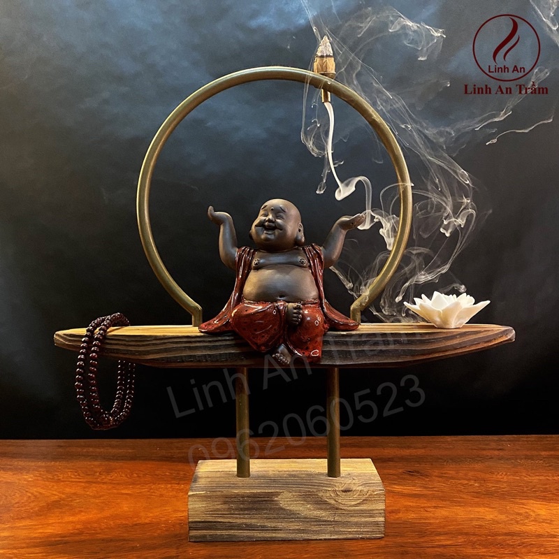 Thác Khói Trầm Hương Gốm sứ cao cấp - Thác Di Lặc hoan hỉ kèm 10 nụ trầm nguyên chất