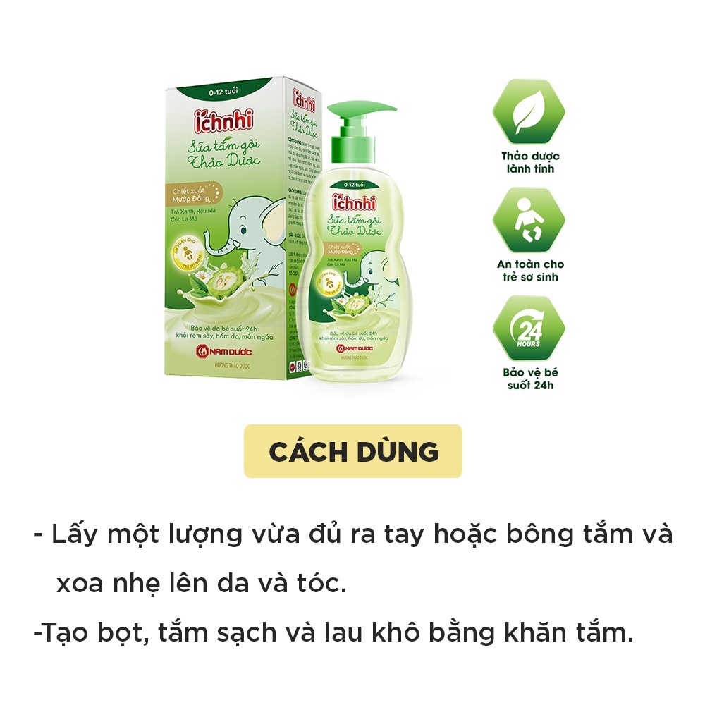 Sữa Tắm Gội Thảo Dược Ích Nhi Cho Bé - Phòng Cảm Lạnh, Ngừa Rôm Sảy Cho Mẹ và Bé - Chai 200ml
