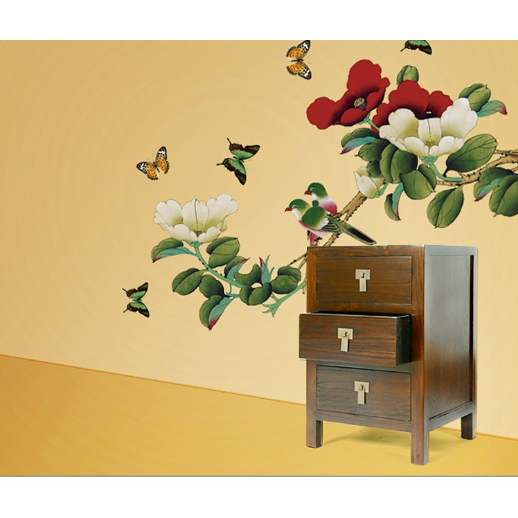 Decal trang trí tường Cành Hoa Hồng Đỏ Trắng Cổ Điển