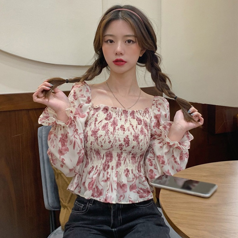 Áo Sơ Mi Chiffon Tay Dài Cổ Vuông In Hoa Ngọt Ngào Cho Nữ