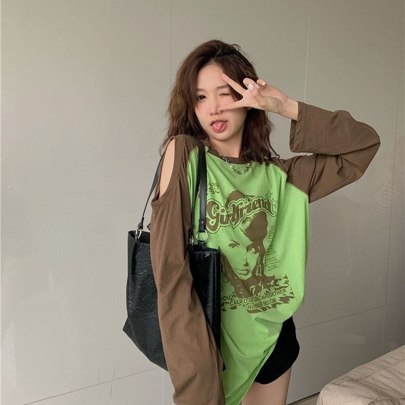 Jiashucheng Áo Thun Nữ Dài Tay Khoét Vai Thời Trang Hàn Mới
