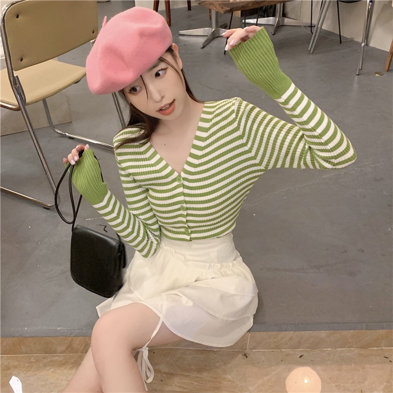 ZHELIHANGFEI Áo Khoác Cardigan Dệt Kim Tay Dài Cổ Chữ V Họa Tiết Kẻ Sọc Thời Trang