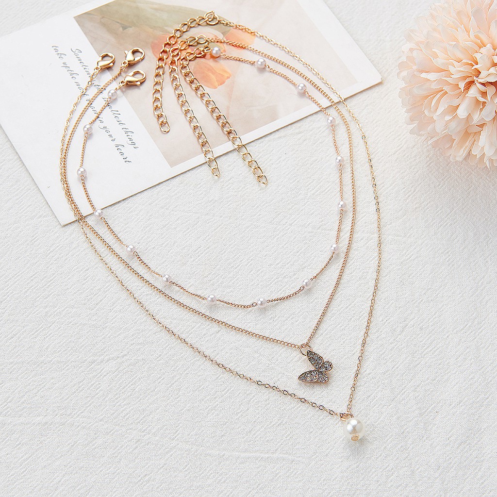 Dây chuyền hợp kim hình bướm/ đính ngọc trai nhân tạo xinh xắn dành cho nữ