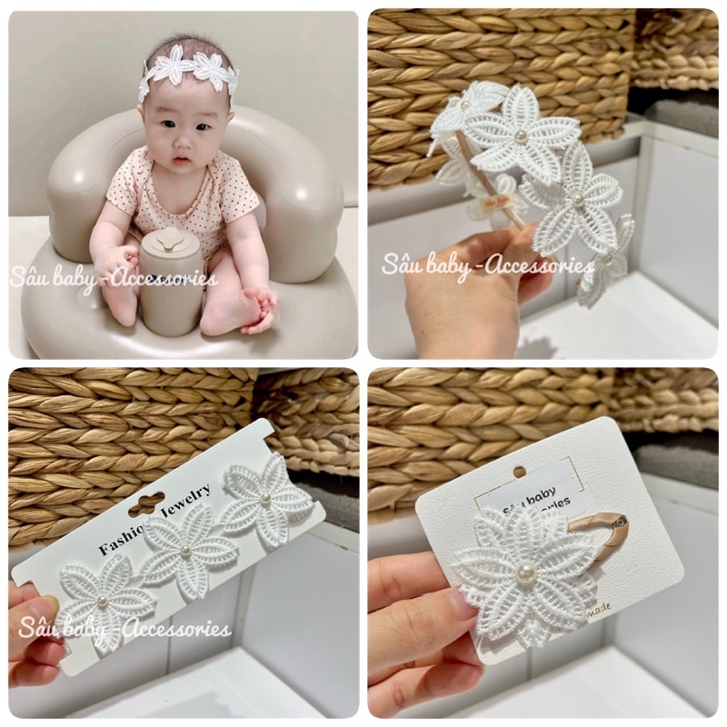 Bờm xước tóc, băng đô, kẹp tóc hoa trắng ren đính hạt trai cho bé gái