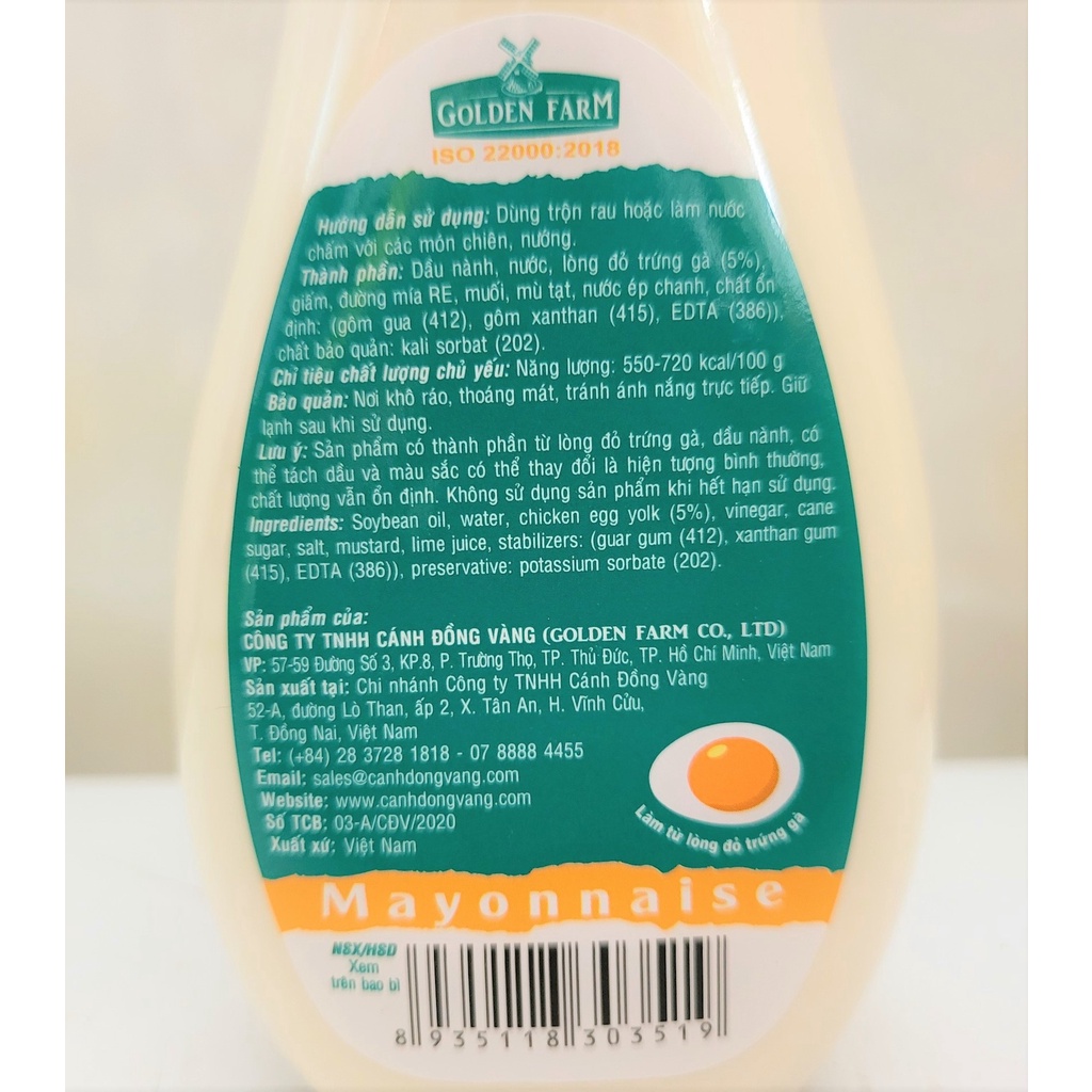 [Chai 250g] XỐT MAYO [VN] GOLDEN FARM Mayonnaise