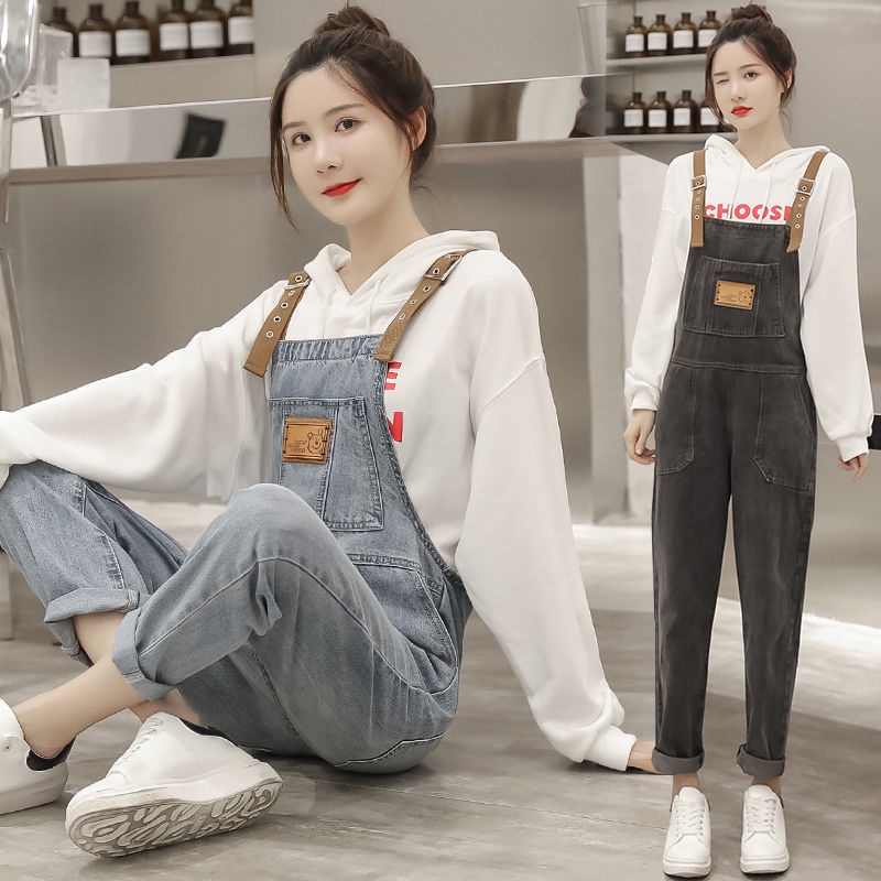 Bộ Áo Croptop Tay Dài Dáng Rộng + Quần Yếm Denim Phong Cách Hàn Quốc Thời Trang Xuân Thu 2022 Mới Cho Nữ