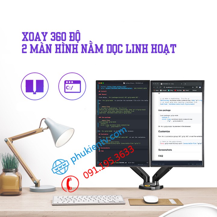 Giá treo màn hình F160 - Giá treo hai màn hình NB F160 17 - 27 inch gắn bàn / Model mới 2022 [ Ưu Việt Human Motion T2 ]